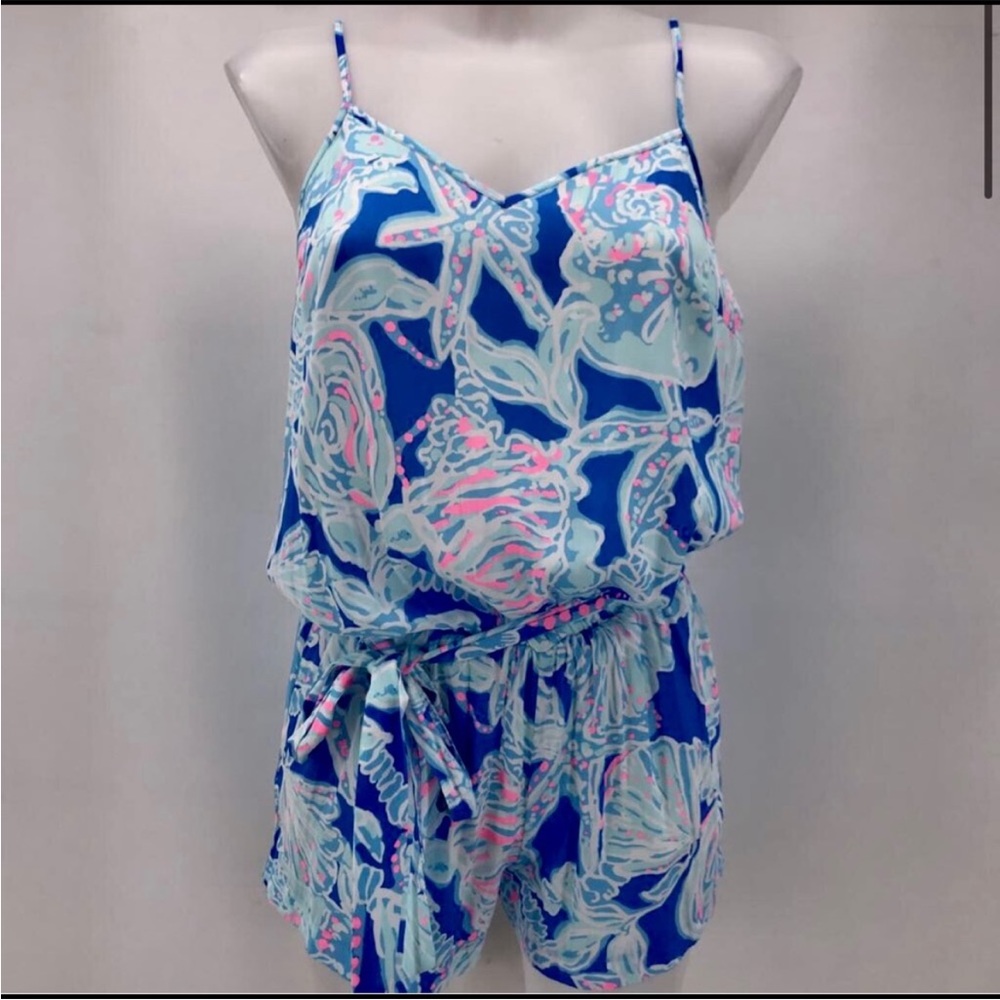 Lilly Pulitzer Deanna romper print: Bay Blue with pink and light blue xs small